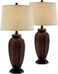 Regency Hill Tropical Natural Cottage Core Jar Table Lamps 29' Tall Set of 2 Weathered Brown Woven Wicker Beige Linen Fabric Drum Shade Decor for Living Room Bedroom House Bedside Nightstand Home