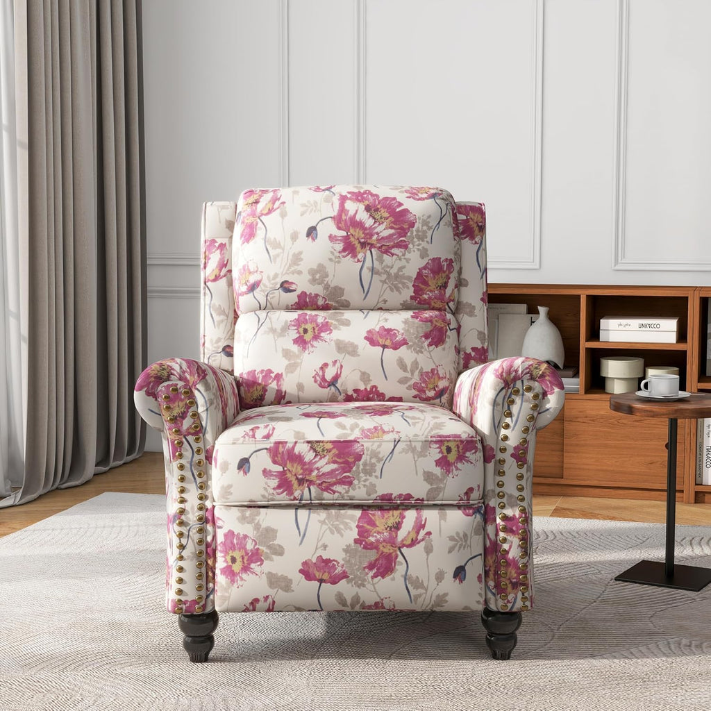 Floral Pushback Recliner Chairs Set of 2, Fabric Overstuffed Armchair Push Back Accent Chair for Living Room, Rivet Trim Club Chair Home Theater Single Sofa Bedroom Reading Seat