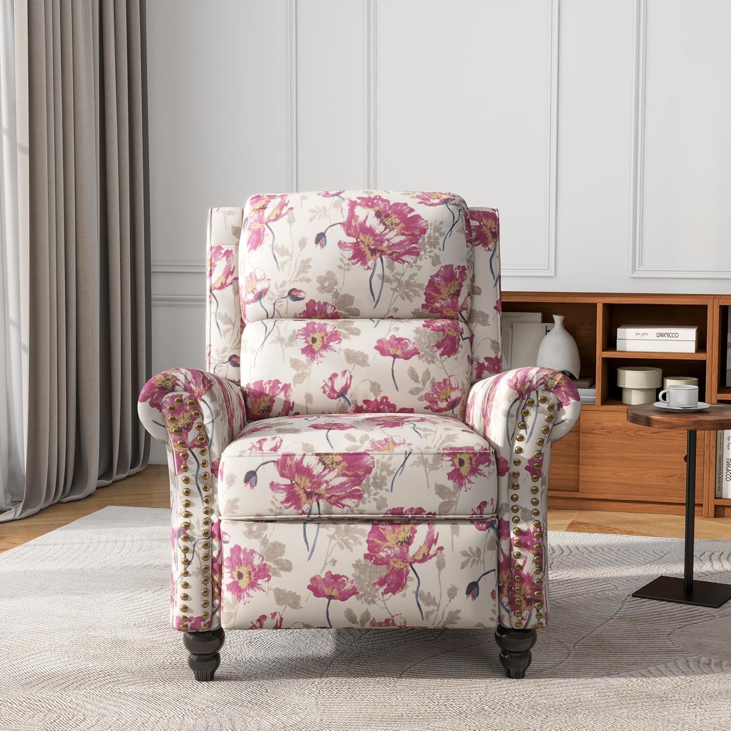 Floral Pushback Recliner Chairs Set of 2, Fabric Overstuffed Armchair Push Back Accent Chair for Living Room, Rivet Trim Club Chair Home Theater Single Sofa Bedroom Reading Seat