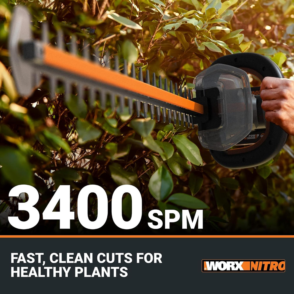 WORX Nitro 24' Cordless Hedge Trimmer, Electric Hedge Trimmer with Dual-Action Blades & 3400 SPM, Brushless Bush Trimmer with 180° Rotating Handle, 2 Batteries & Charger Included, WG286