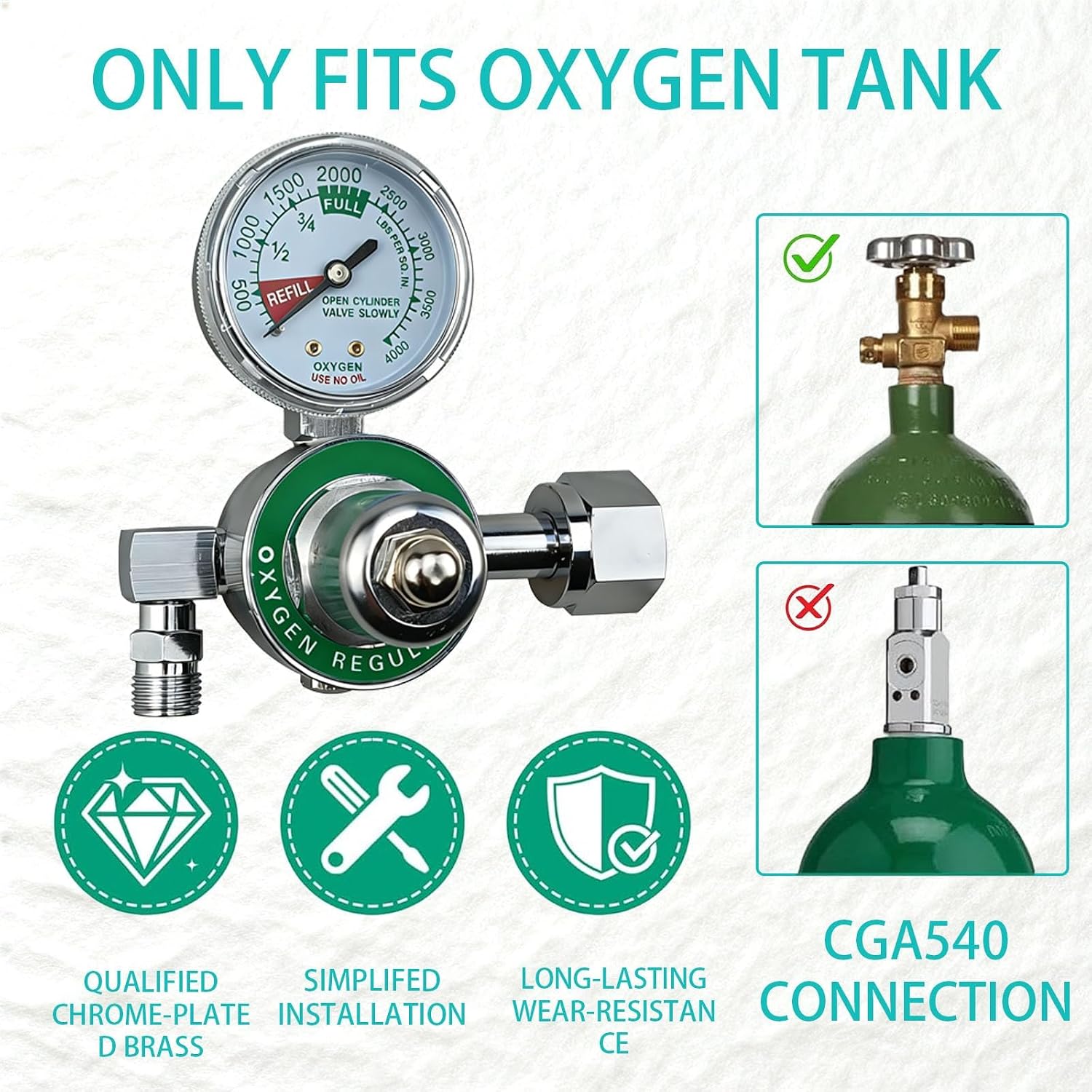 M1-540-P M1 Series Preset Pressure Oxygen Regulator for Oxygen Concentrator, Oxygen Tank Regulator Gauge with CGA540 Nut/Nipple Inlet, 3000 PSI, O2 Oxy Regulator Chrome Brass Body