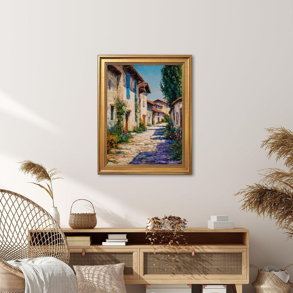 Large Gold Framed European Village Street Oil Painting Poster Vintage French Old Town Landscape Wall Art Countryside Floral Cottage Flowers Path Canvas Prints for Coastal Home Decor 24x36inch