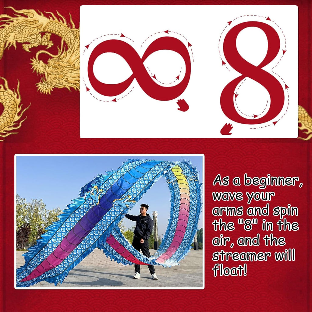 Dragon Poi with Flowing Silk Streamers – Chinese Dragon Head Spinning Toy, 8m/10m/12m Long Outdoor Dance Ribbons – Includes Portable Carry Bag, Perfect for Flow Arts, Festivals & Performance