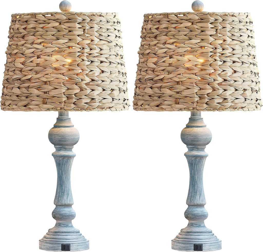 Maxax 26' Boho Rattan Table Lamps Set of 2 with USB A+C Ports, Coastal Bedside Lamps with Rattan Shade, Distressed Antique Blue Farmhouse Wicker Lamps, Rustic Resin Nightstand Lamps for Living Room