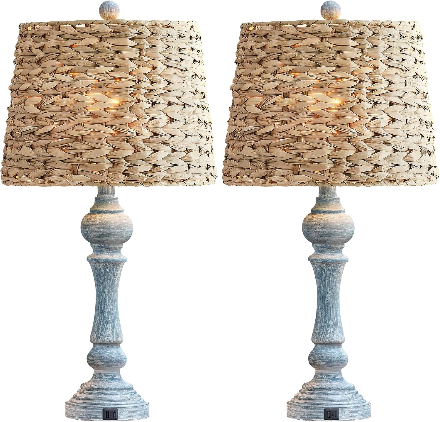 Maxax 26' Boho Rattan Table Lamps Set of 2 with USB A+C Ports, Coastal Bedside Lamps with Rattan Shade, Distressed Antique Blue Farmhouse Wicker Lamps, Rustic Resin Nightstand Lamps for Living Room