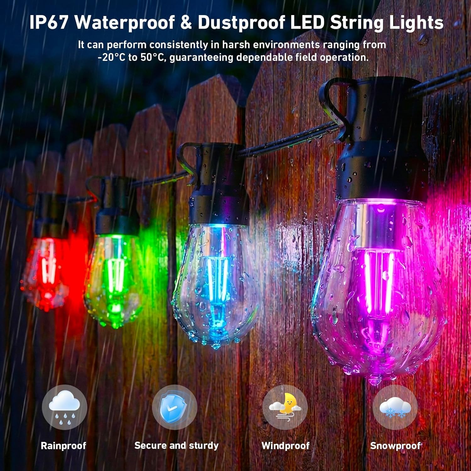 Outdoor String Lights,400FT Smart RGB+IC Patio Lights with Shatterproof LED Bulbs ,Outside Light Dimmable Patio for Decor DIY IP67 Waterproof ,Courtyard, garden,Holiday,LED lights more Scene Modes