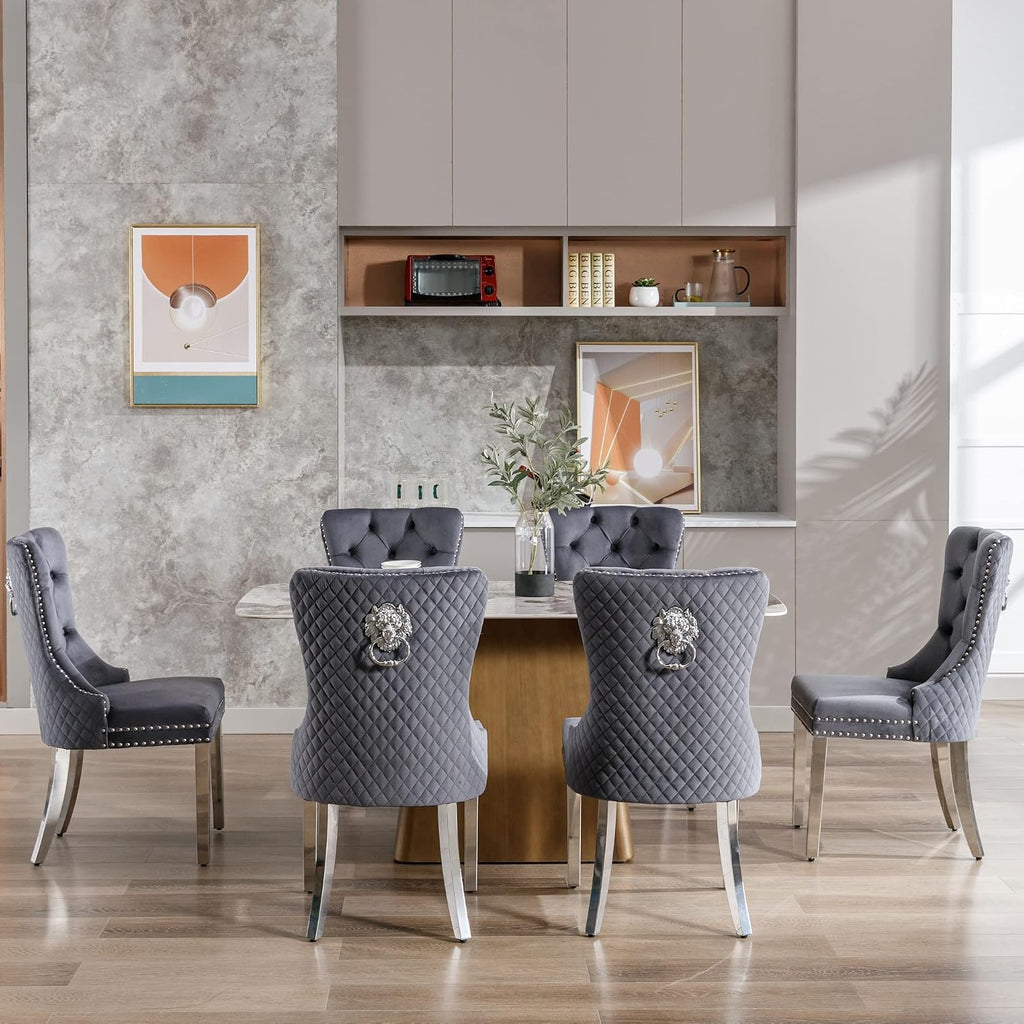 Velvet Dining Chairs Set of 6, Upholstered Dining Room Chairs, Mid-Century Modern Chairs with Diamond Lattice Tufted Back, Lion Pull Ring Rivet Trim, Silver Metal Legs for Kitchen, Dark Grey