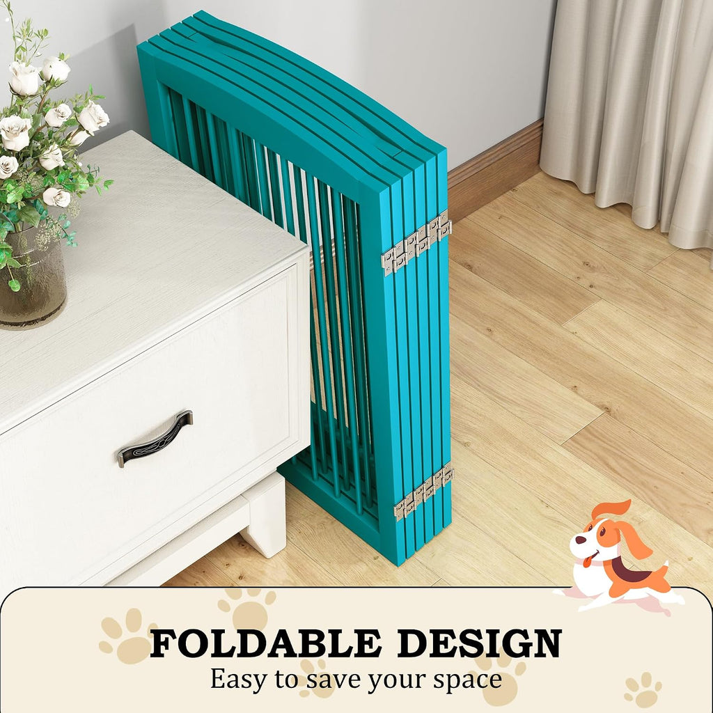PUPETPO Freestanding Pet Gate with Door, Tall Dog Gate for House, Extra Wide, Pet Puppy Safety Fence, Support Feet Included, 120 Inch Wide, 6 Panels 32' Tall, Blue