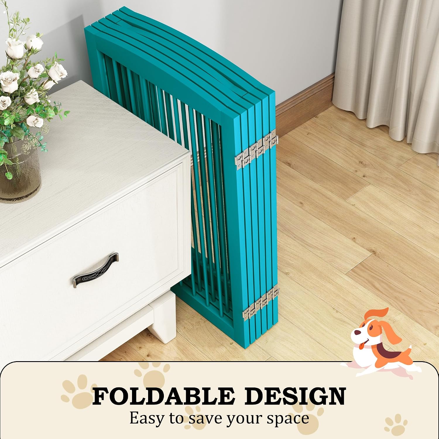 PUPETPO Freestanding Pet Gate with Door, Tall Dog Gate for House, Extra Wide, Pet Puppy Safety Fence, Support Feet Included, 120 Inch Wide, 6 Panels 32' Tall, Blue