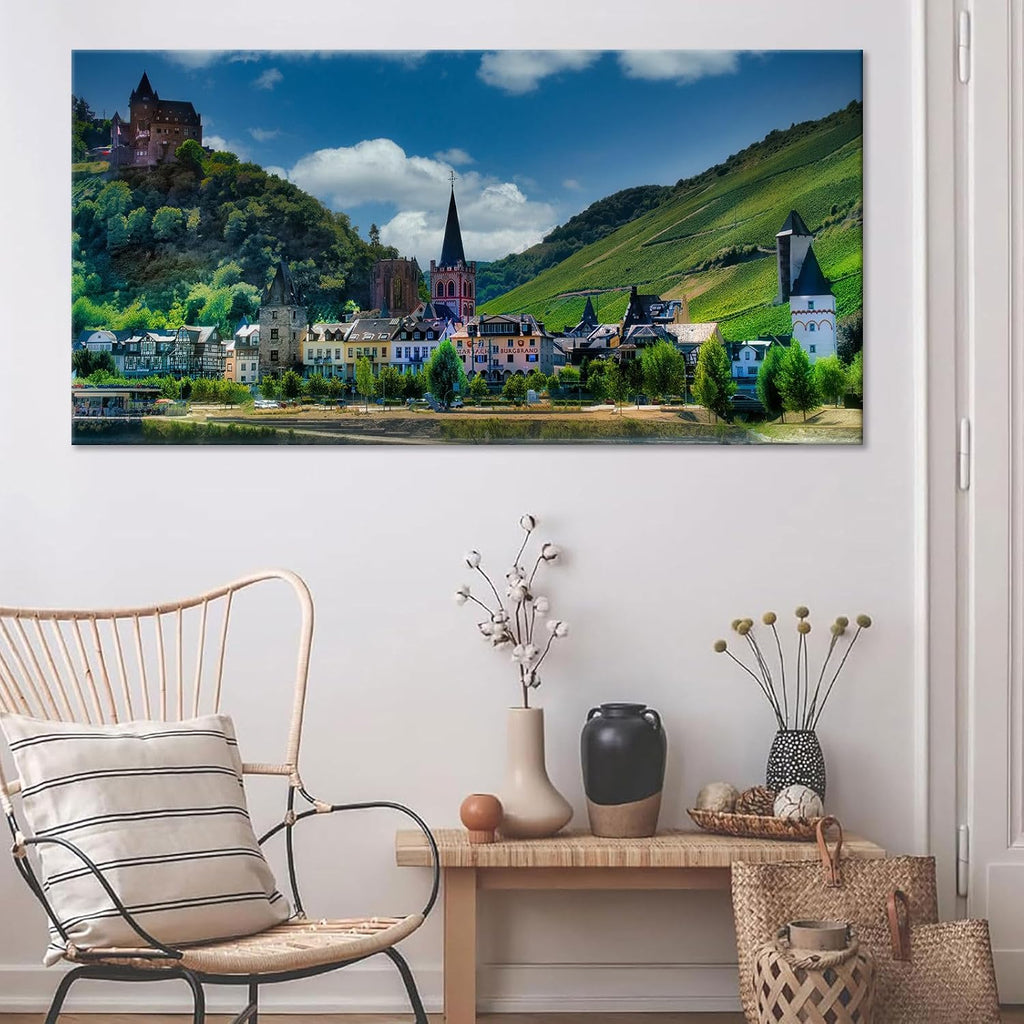 European Hillside Townscape Poster Vintage Medieval Castle Wall Art Colorful Print Vineyard Hills Backdrop Decor Romantic Rhine Valley Canvas Apartment Living Room Artwork 24x48inch Framed
