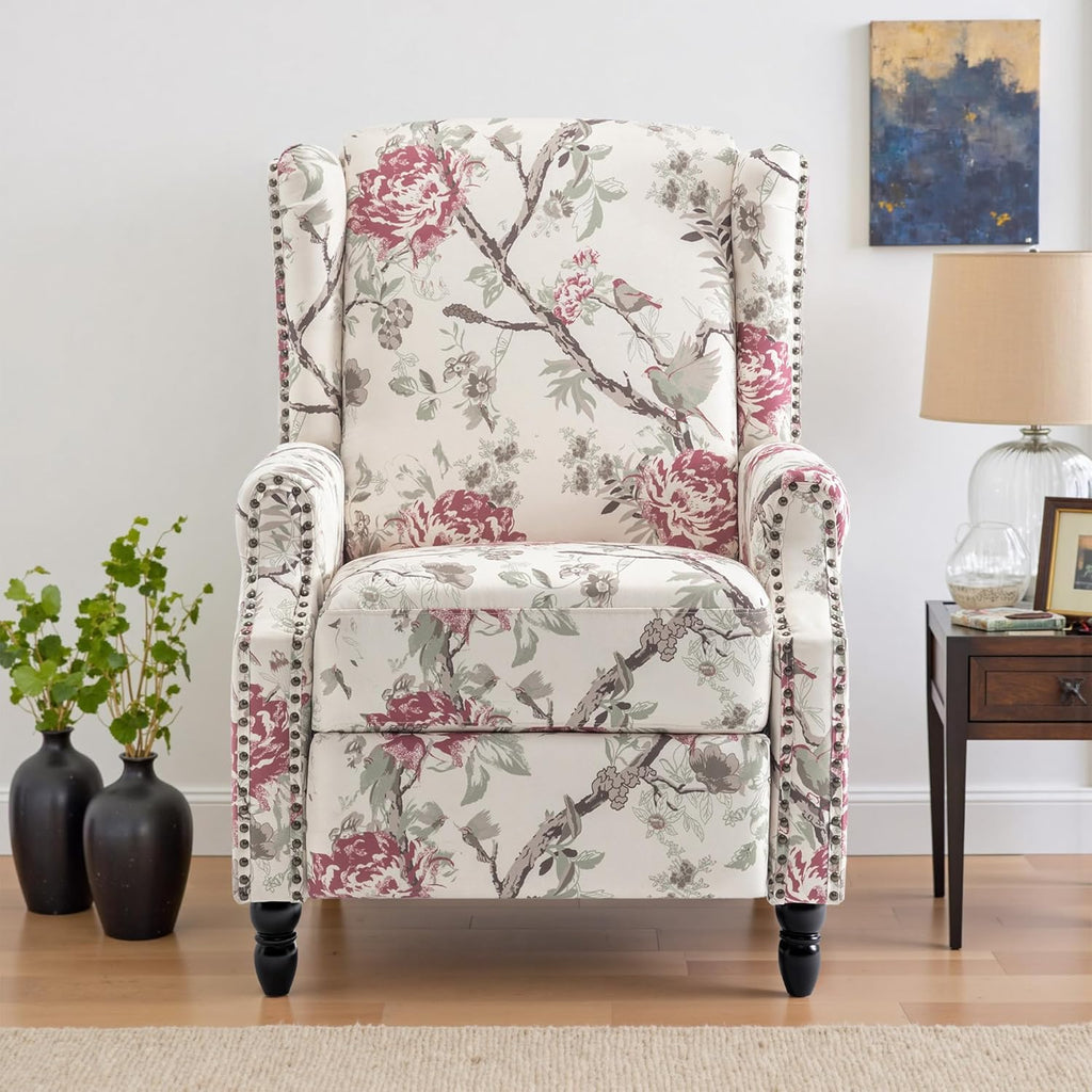 Pushback Floral Recliner Chair, Fabric Upholstered Armchair Push Back Accent Chair for Living Room, Rivet Trim Club Chair Home Theater Single Sofa Reading Seat - Beige Floral