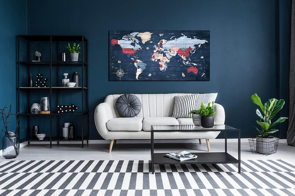 ZHAOSHOP World Maps for Wall - Blue Wall Decor for Living Room - World Map Canvas Wall Art Ready to Hang Size 59' x 29'