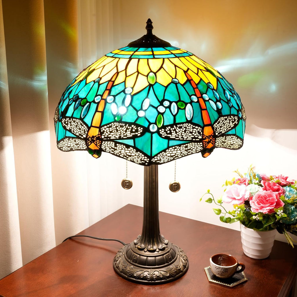 Tiffany Lamp Dragonfly Style Stained Glass Table Lamp 16X16X23 Inch Home Office Bedroom Bedside Light Vintage Unique Esthetic Decor Light (Bulb Include)