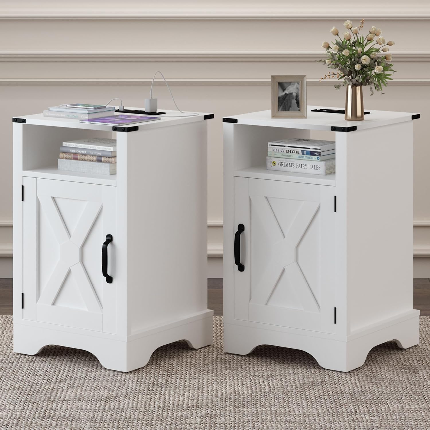 RoyalCraft Farmhouse Nightstand Set of 2, End Table with Charging Station, Tall Bedside Table with Large Storage and Shelf, Wooden Side Table with for Bedroom, Home Office, White