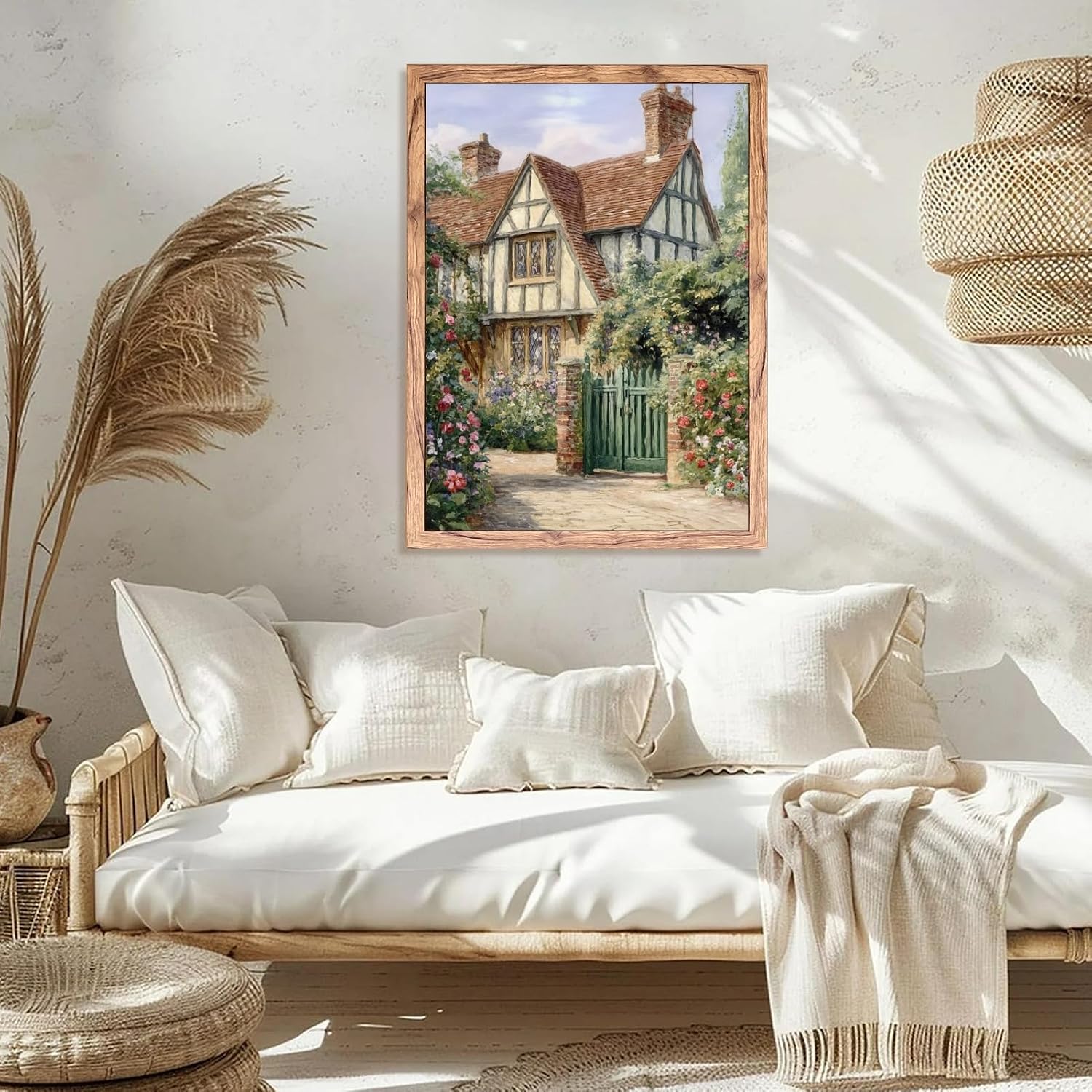 Framed Vintage Cottage House Wall Art Watercolor Flowers Garden Canvas Print European Countryside House Painting Country Home Poster Rustic Nature Picture Decor for Living Room Bedroom 24x36inch