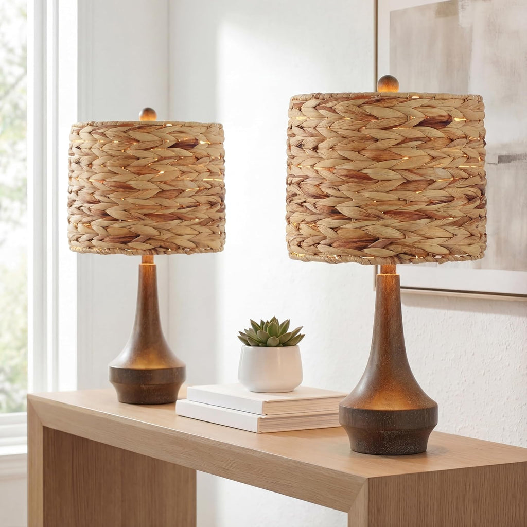 JONATHAN Y 21' Brown Wood Finish Resin Gourd Table Lamp Set of 2, Rustic Farmhouse Handwoven Water Hyacinth Shade, Southwestern Bedside Lamp for Bedroom, LED Bulbs Included JYL4051A-SET2