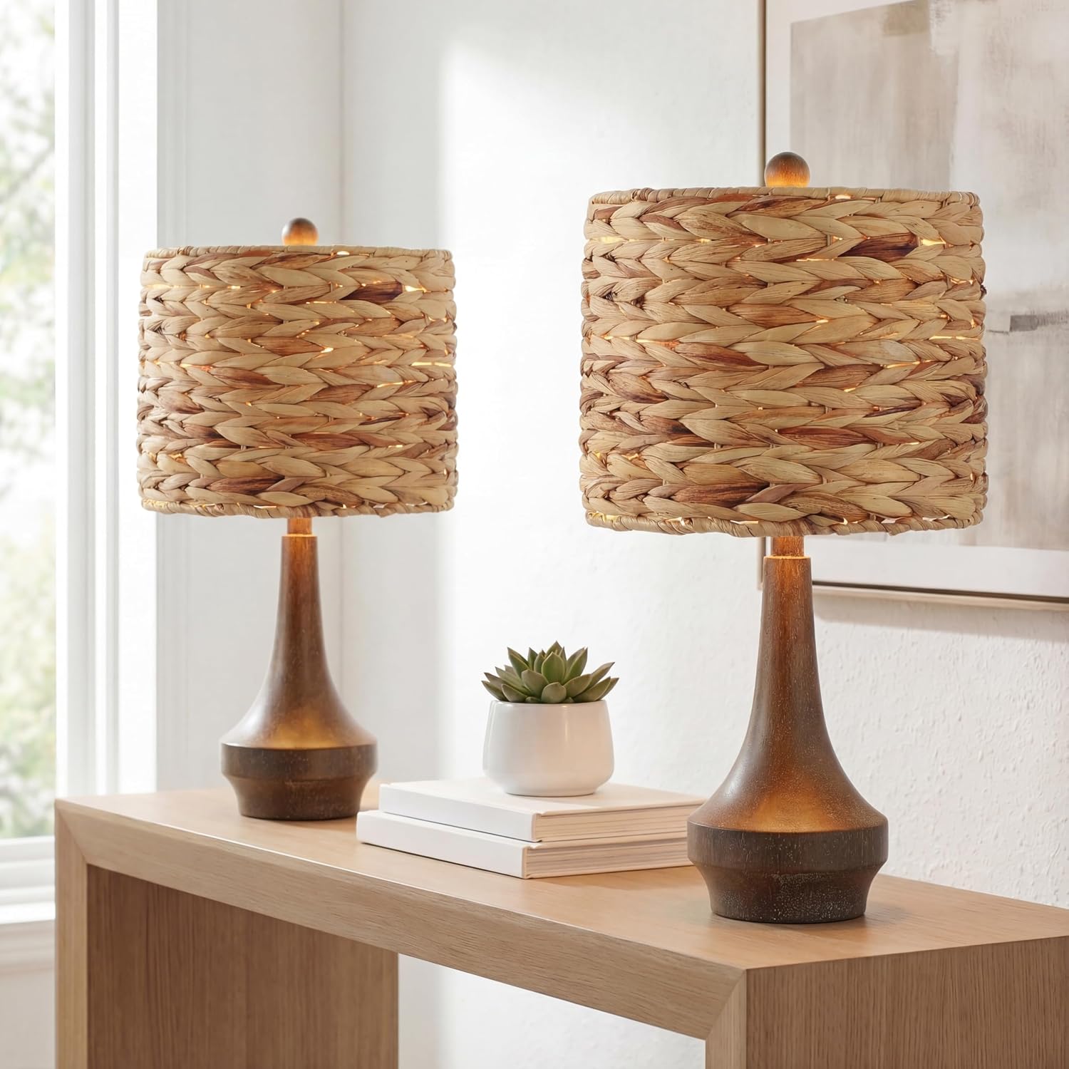 JONATHAN Y 21' Brown Wood Finish Resin Gourd Table Lamp Set of 2, Rustic Farmhouse Handwoven Water Hyacinth Shade, Southwestern Bedside Lamp for Bedroom, LED Bulbs Included JYL4051A-SET2