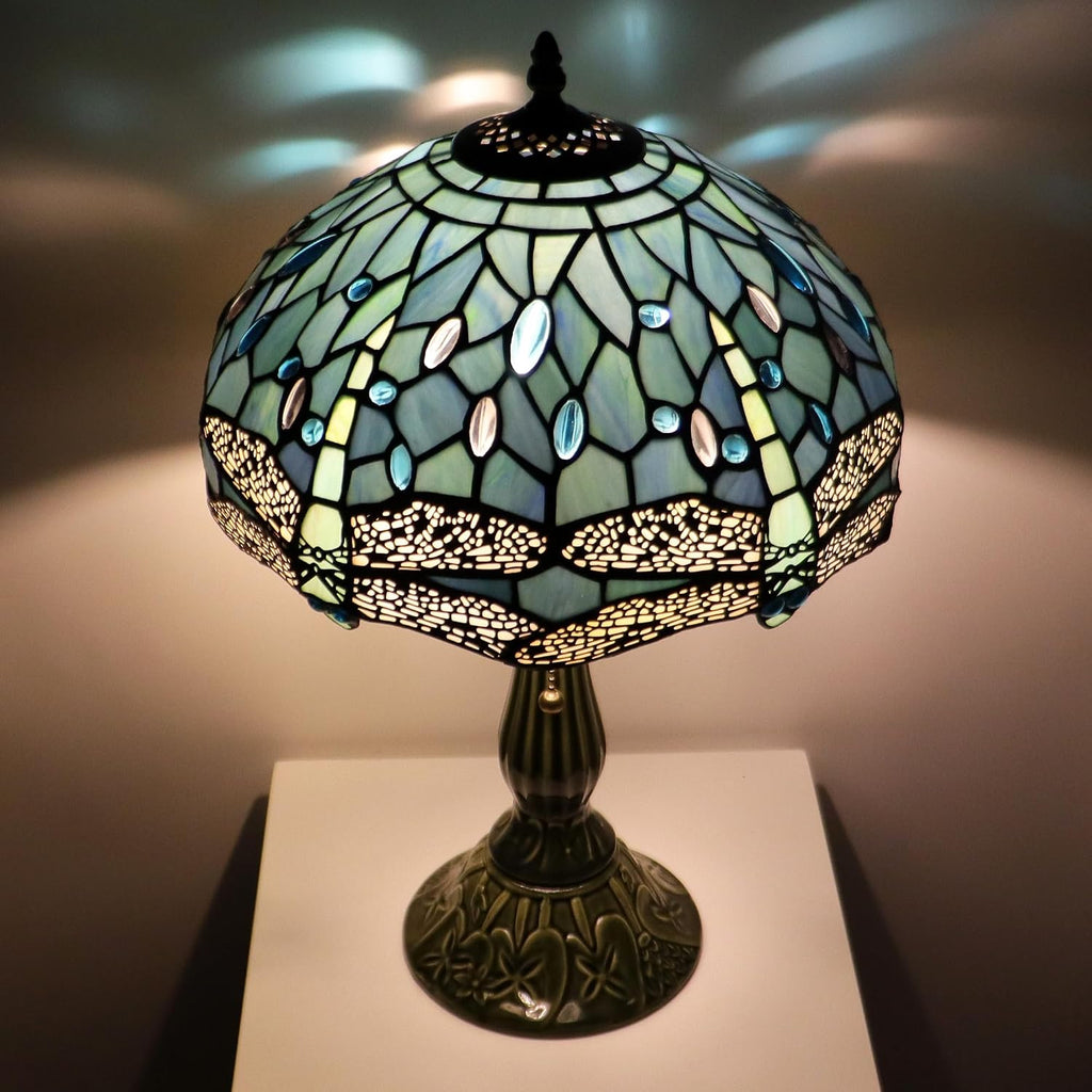 Tiffany Lamp Stained Glass Table Lamps Sea Blue Dragonfly Style Desk Lamp 12X12X18.5 Inch Bronze Ceramic Base Reading Light Suitable for Bedside Bedroom Living Room Dining Room Office