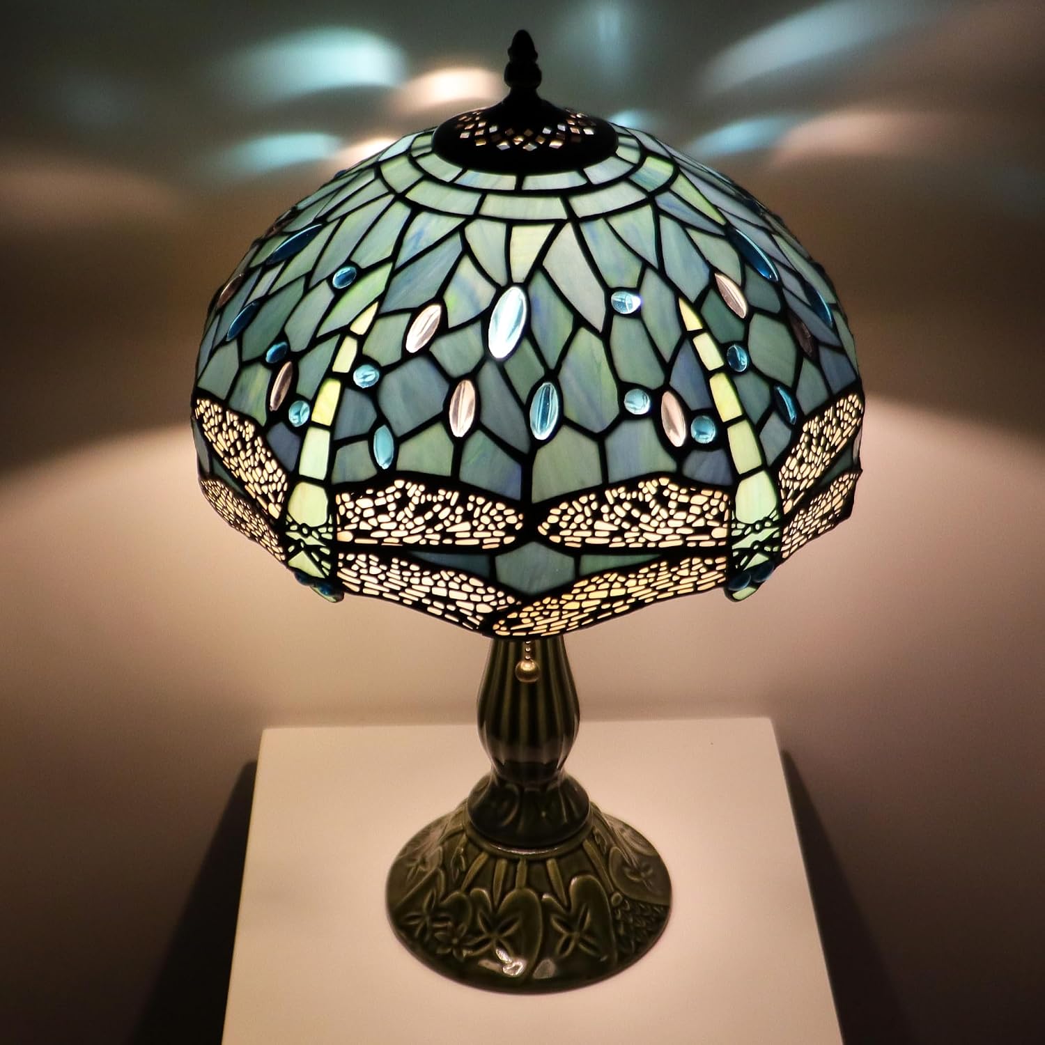 Tiffany Lamp Stained Glass Table Lamps Sea Blue Dragonfly Style Desk Lamp 12X12X18.5 Inch Bronze Ceramic Base Reading Light Suitable for Bedside Bedroom Living Room Dining Room Office