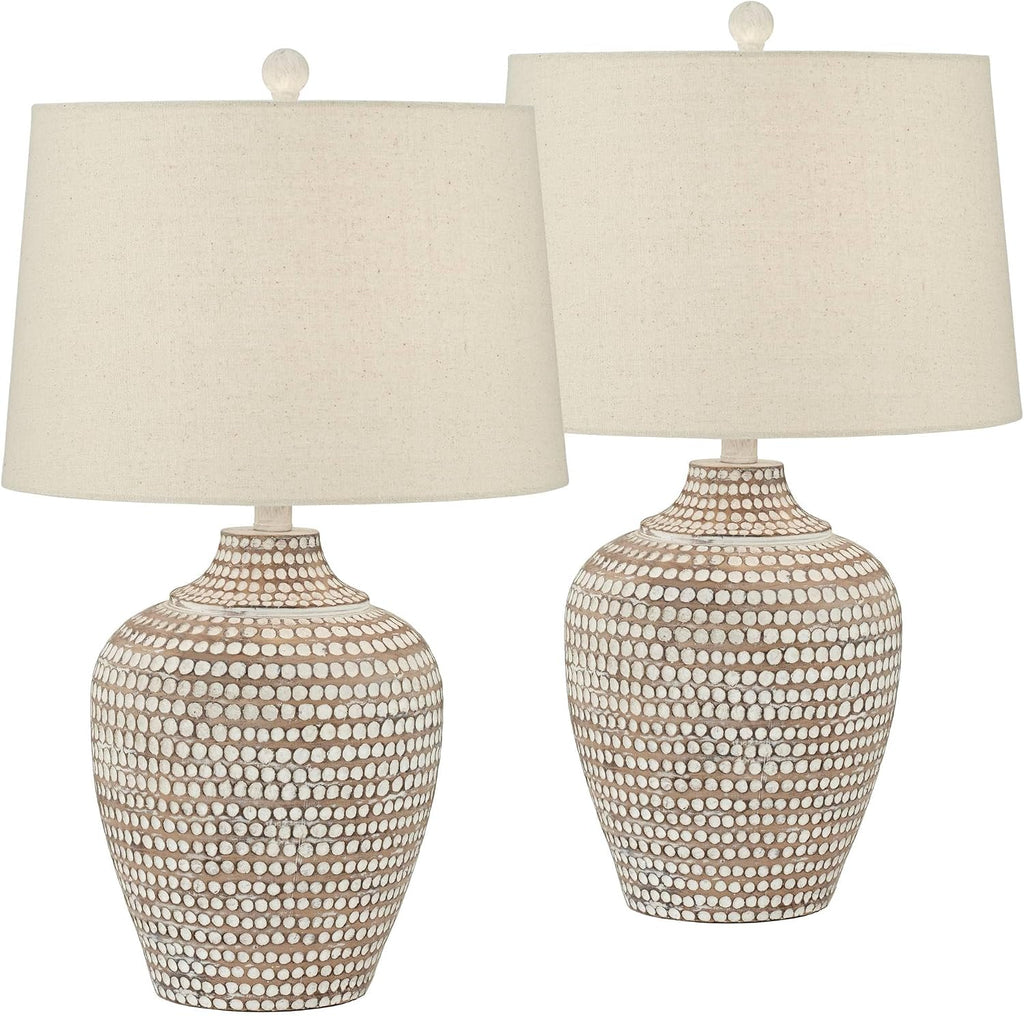 Regency Hill Alese 23 1/2' High Textured Dot Jug Small Farmhouse Rustic Coastal Accent Table Lamps Set of 2 Beige Light Earth Finish Single Oatmeal Shade Living Room Bedroom Bedside Nightstand House