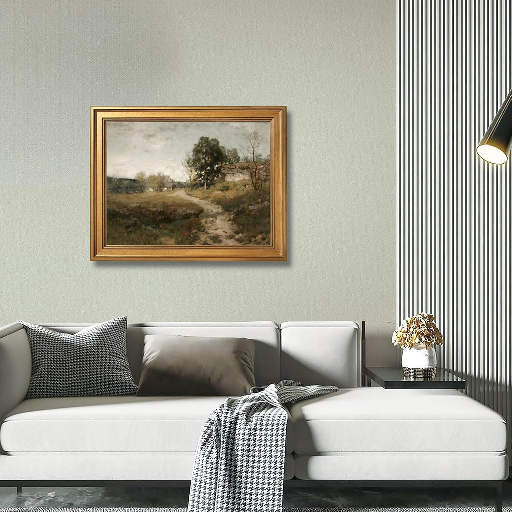Framed French Countryside Landscape Canvas Wall Art Serene Village View Print Poster Vintage Green Nature Picture Decor Tranquil European Farmhouse Artwork for Living Room Bedroom Office 24x36inch