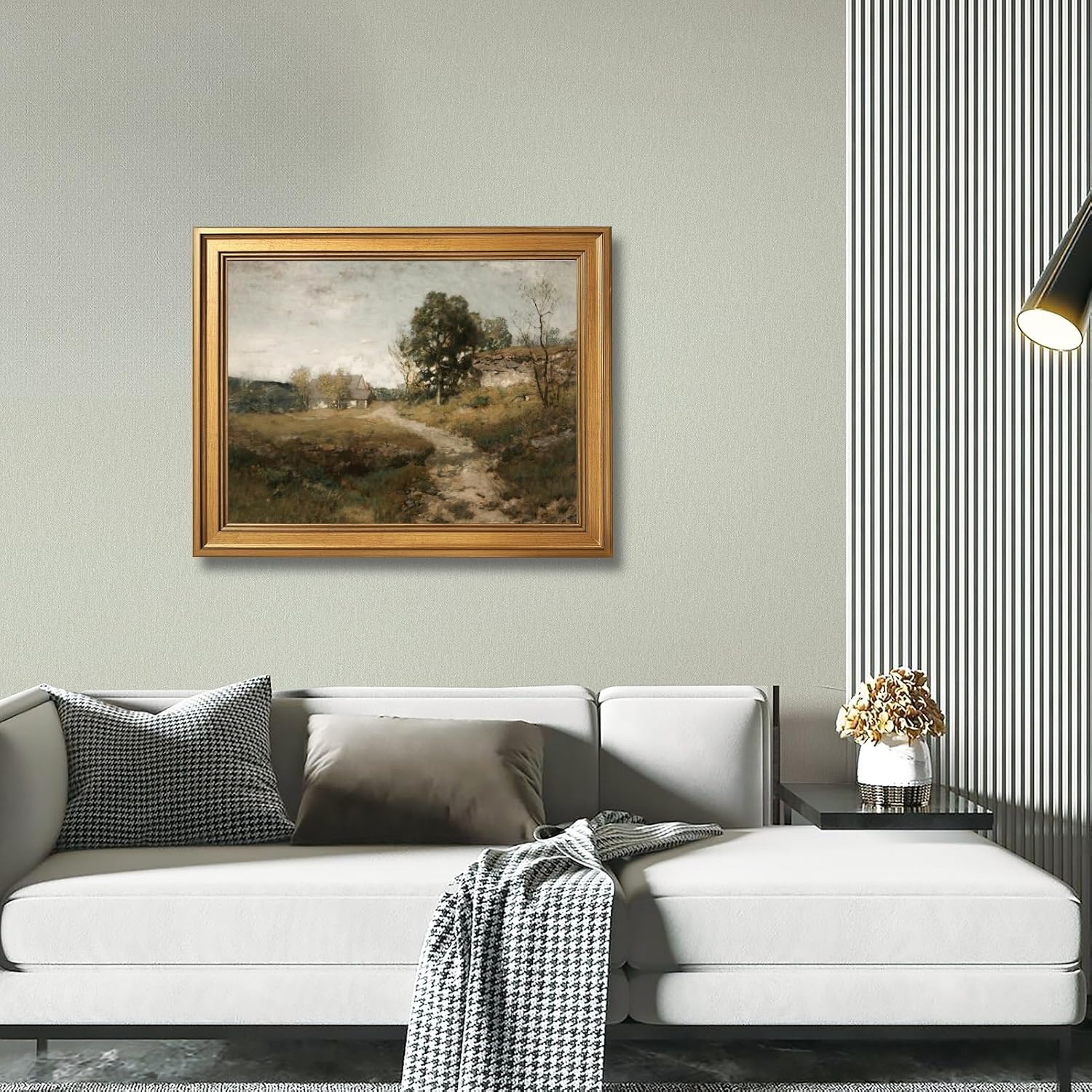 Framed French Countryside Landscape Canvas Wall Art Serene Village View Print Poster Vintage Green Nature Picture Decor Tranquil European Farmhouse Artwork for Living Room Bedroom Office 24x36inch