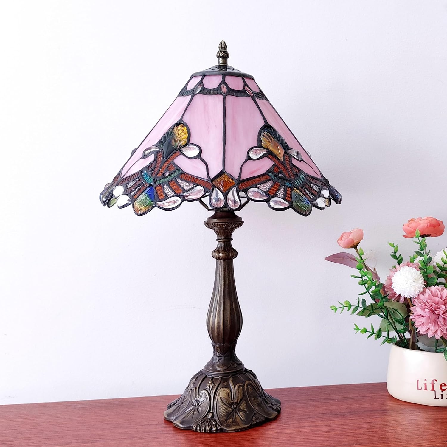 Tiffany Lamp Stained Glass Lamp 3 -Way Tiffany Style Antique Lamp Vintage Pink Baroque Style Bedside Table Light for Home Office (Included 3 Colors LED Bulb)