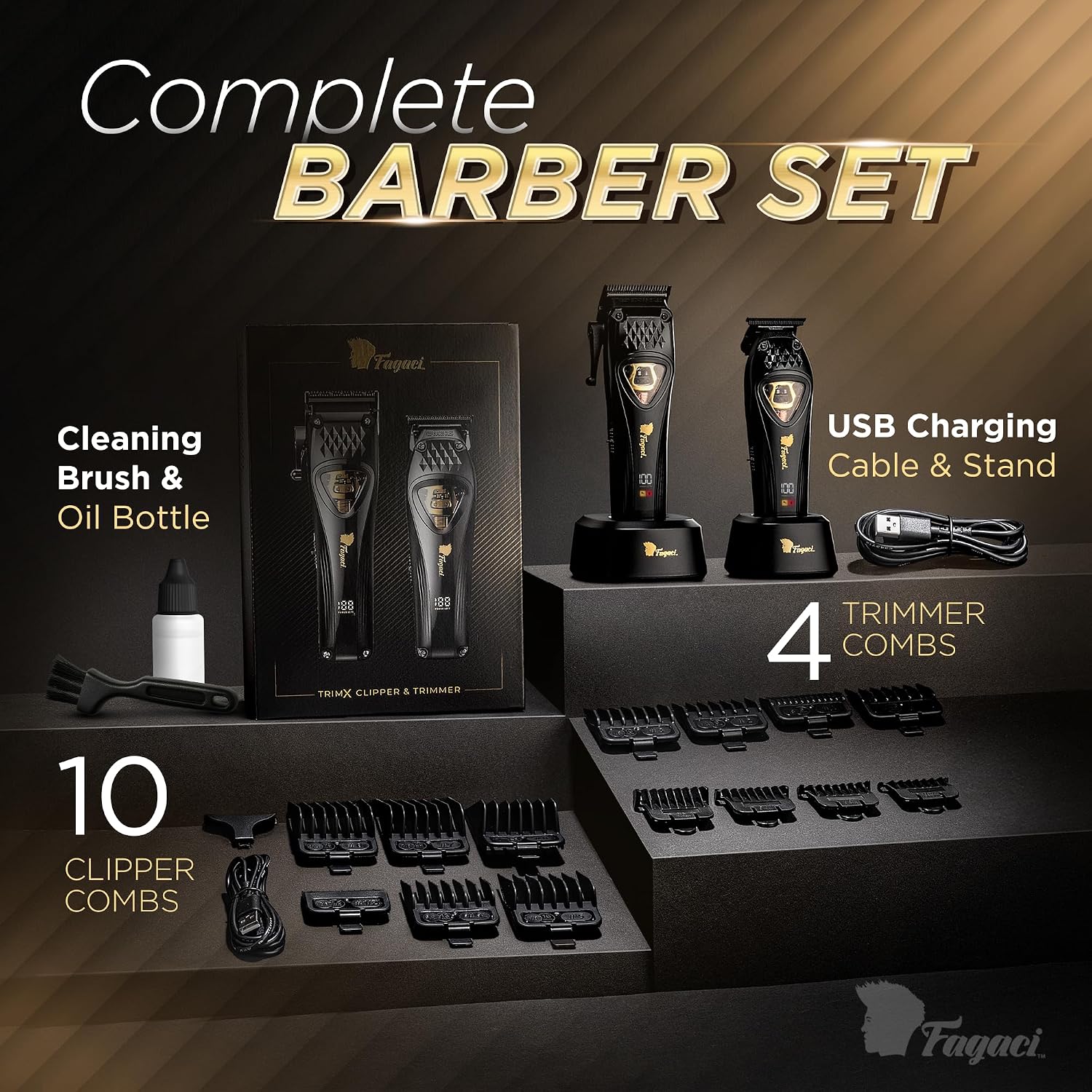 Fagaci Professional Hair Clippers for Men with DLC Blades and High Torque Vector Motor, Barber Clippers and Trimmers Set Zero Gap, 12000 RPM Hair Cutting Kit, Mens Haircut Cordless Clipper for Barber