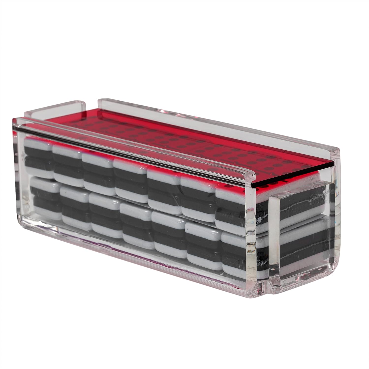 Modern Double Six Jumbo Tiles Dominoes Set, Acrylic Box with Acrylic Lid, Professional Two Toned Black and White Dominoes, Brass Center Rivet, Made in USA (Red)