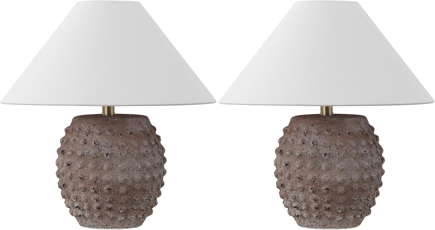 JONATHAN Y 18.25' Matte Taupe Ceramic Hobnail Table Lamp Set of 2 for Bedroom, Modern Minimalist Farmhouse Bedside Nightstand Lamps, White Linen Shade, LED Bulbs Included (JYL5601C-SET2)