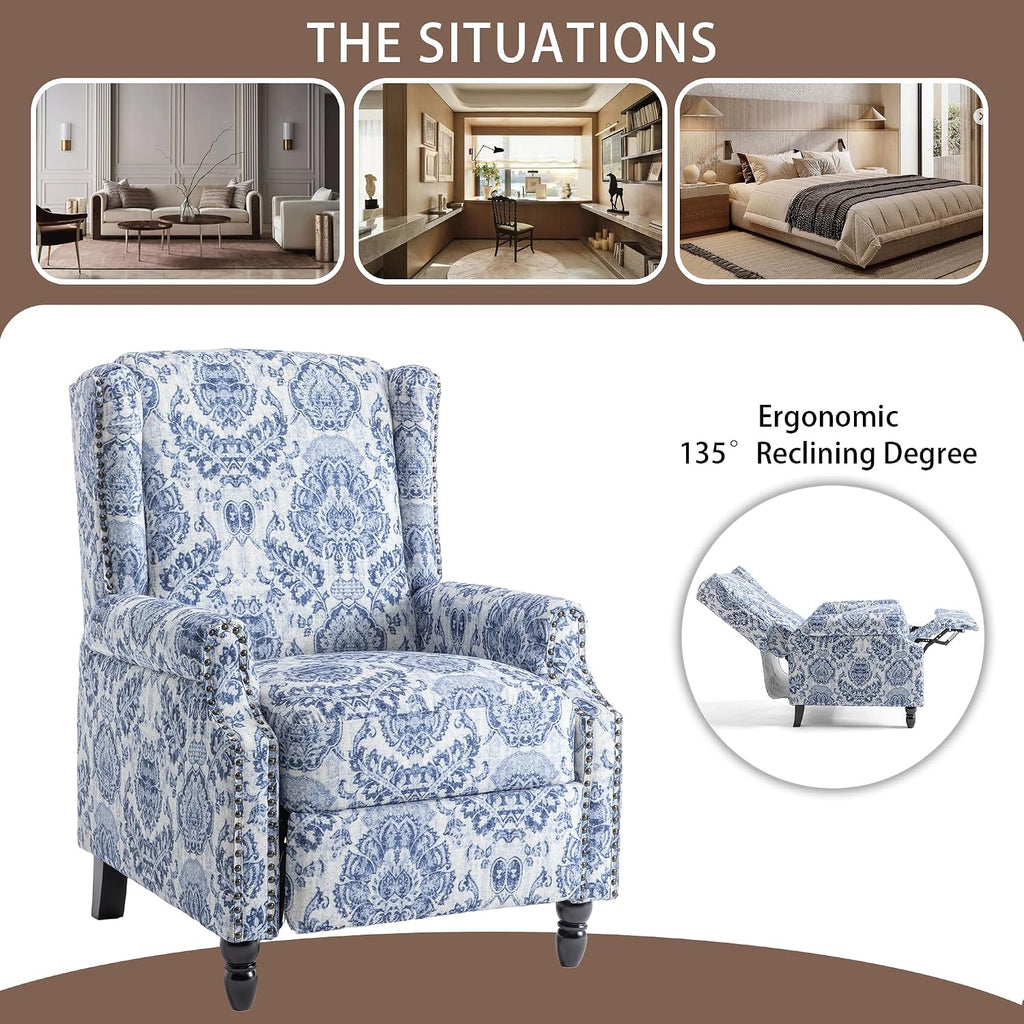Set of 2 Floral Pushback Recliner Chairs, Fabric Upholstered Rivet Trim Accent Club Chairs for Living Room, Home Theater- Bule Pattern