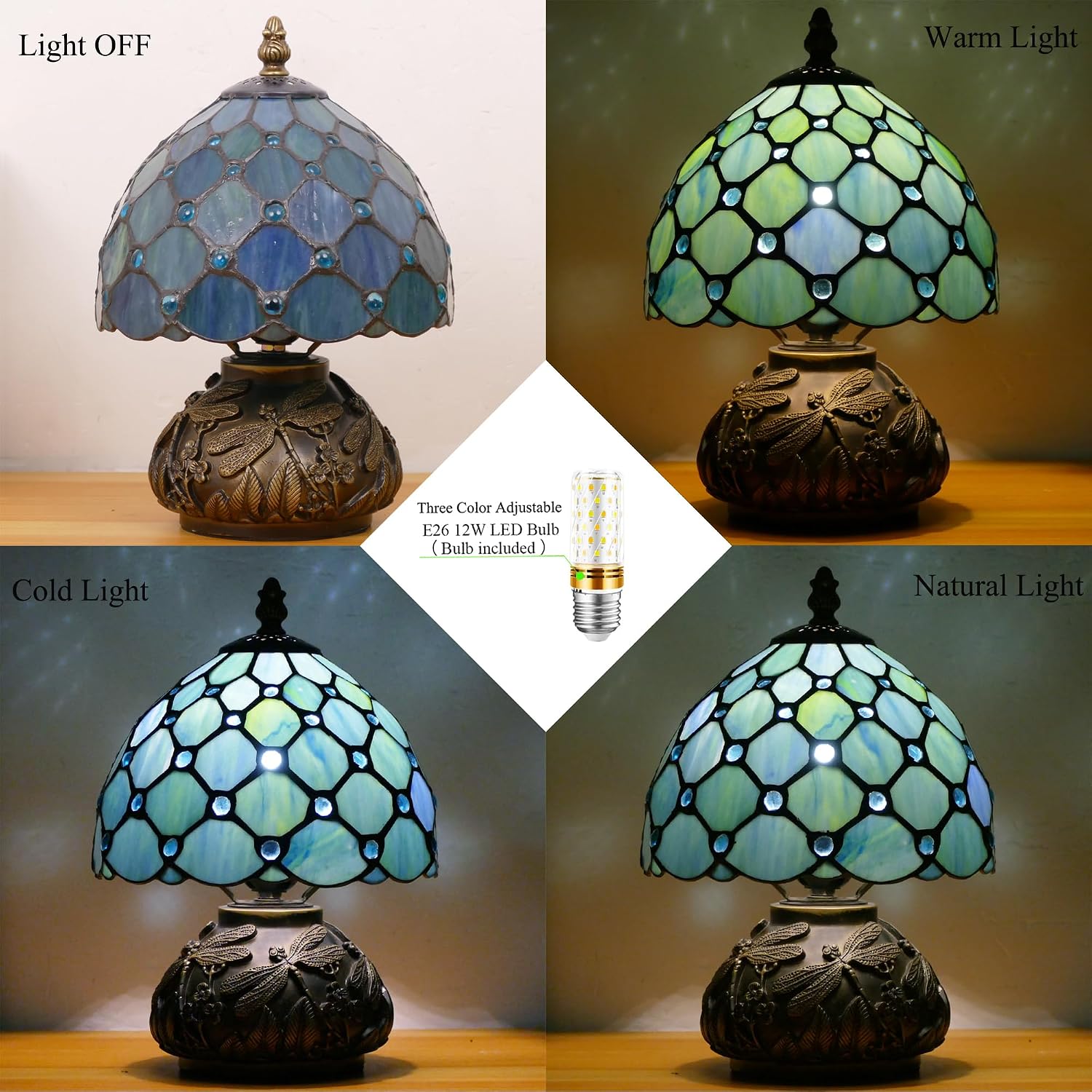 Small Tiffany Lamp Mini Stained Glass Table Lamp Sea Blue Pearl Style Mushroom Memory Sympathy Lamp 8X11 Inch