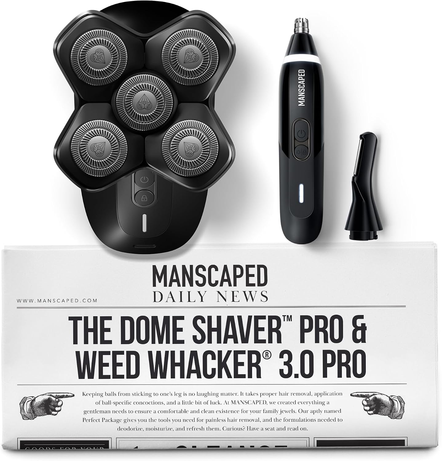 MANSCAPED® Dome Shaver™ PRO Head Shaver for Bald Men & Weed Whacker® 3.0 PRO Dual-Blade Nose, Ear & Eyebrow Hair Trimmer – SkinSafe® & FlexAdjust Technology, Travel Locks, Waterproof