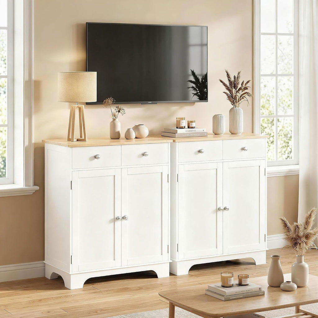 HOMCOM Sideboard Buffet Cabinet with Solid Wood Countertop, Modern Kitchen Storage Cabinet, Coffee Bar Cabinet with 2 Drawers, Doors and Adjustable Shelf, White