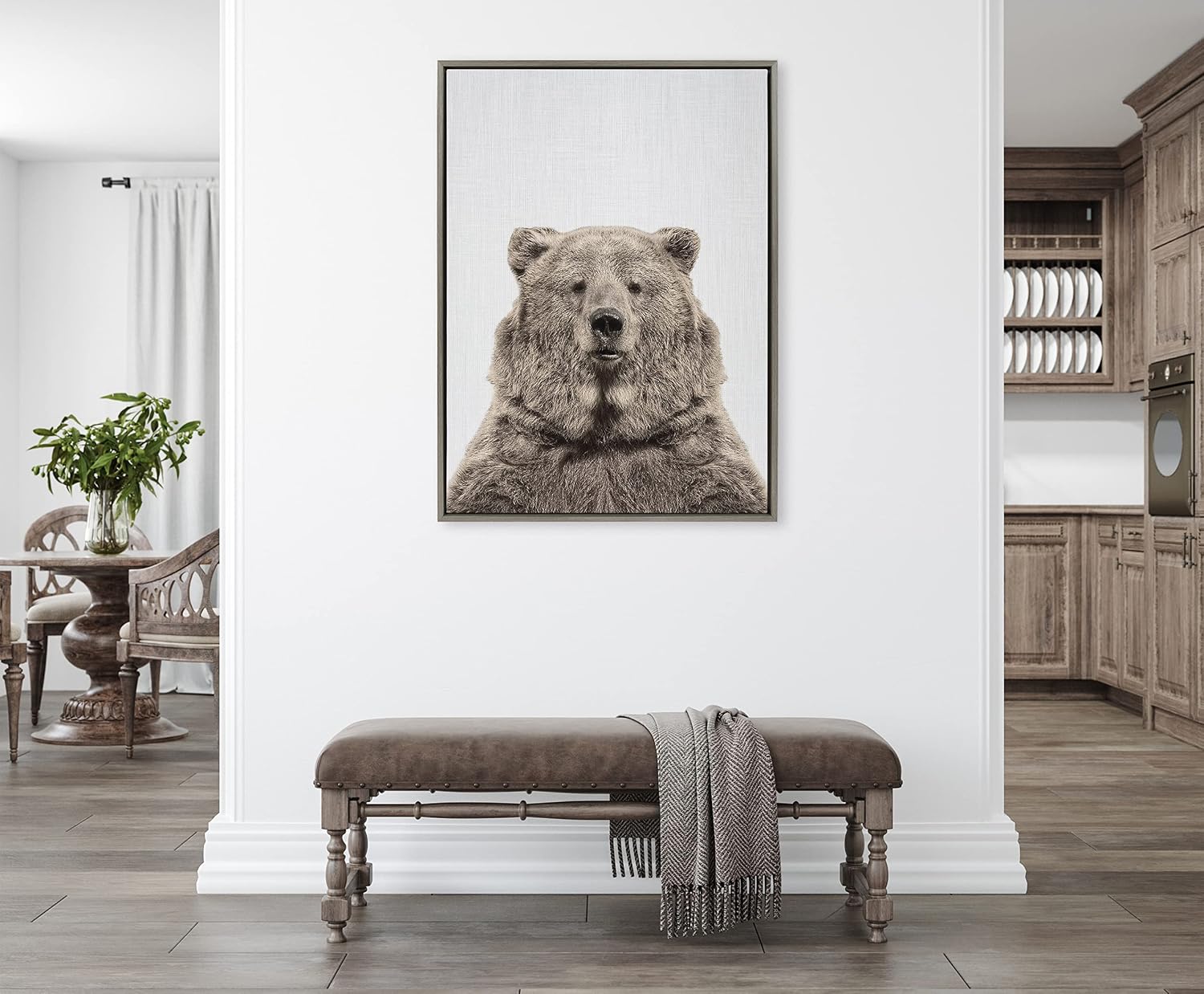 Kate and Laurel Sylvie Bear European Color Framed Canvas Wall Art by Simon Te of Tai Prints; 28x38 Gray; Rustic Animal Wall Decor Art