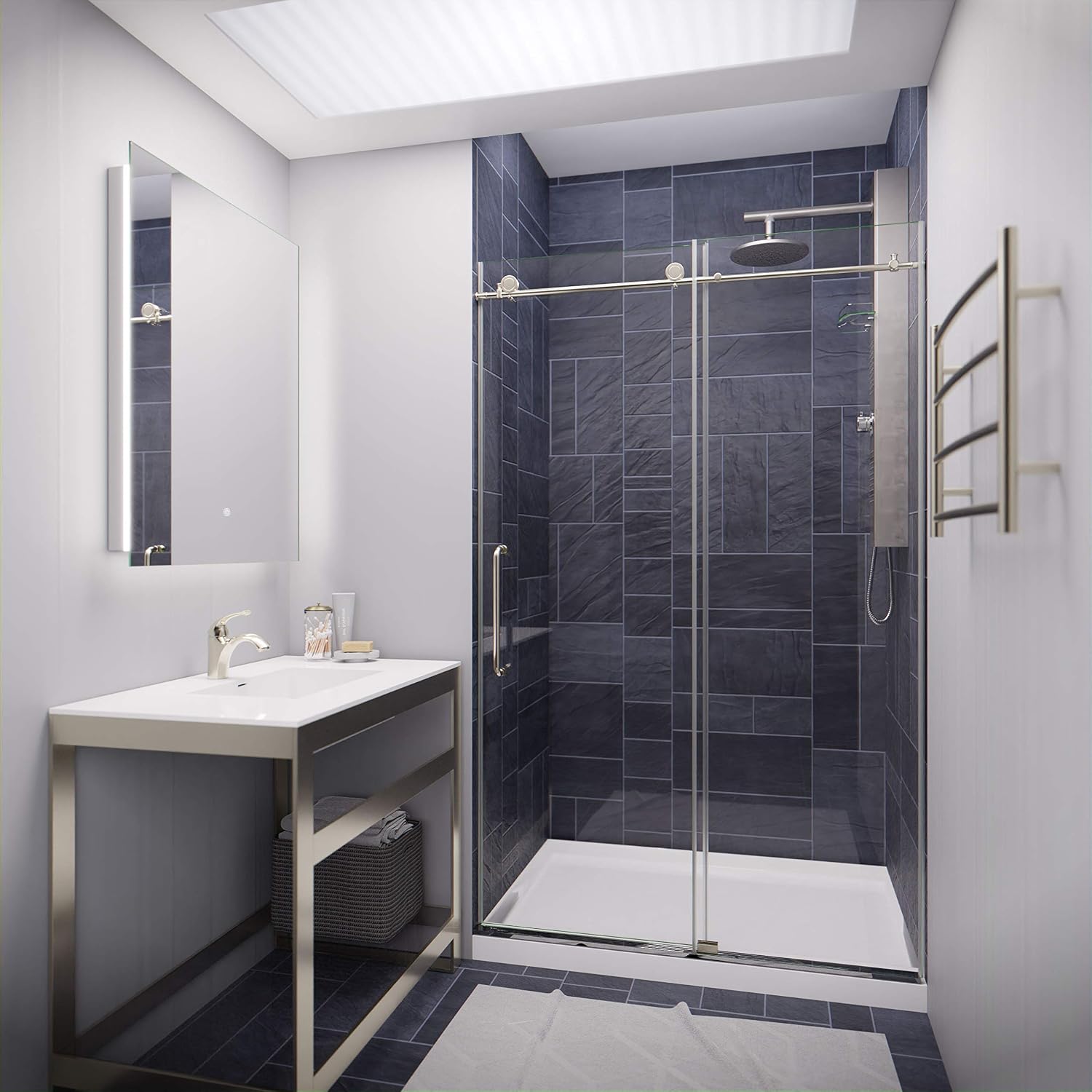 ANZZI 76 x 48 inch Frameless Shower Door | Brushed Nickel | Madam Complete Shower Kit | Water Repellent Sliding Glass Panel + Bottom Seal Strip Parts + Easy Glide Rollers | SD-AZ13-01BN
