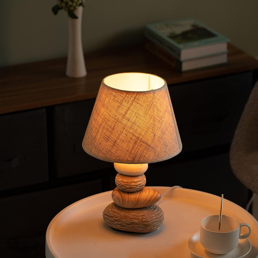 Quickway Imports Designer Table Lamps, Decorative Ceramic Table Lamp, with Beige, Brown, and White Stones and Beige Linen Lampshade, 14 inches Tall, Unique Lamp for Living Room or Bedroom
