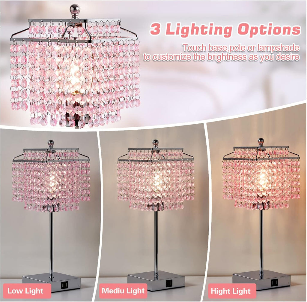 Luvkczc Tables Lamp and Floor Lamp Set, Crystal Table Lamp with USB Ports+Crystal Floor Lamps Set of 2, Morden Lamps for Living Room, Bedroom, Office, Pink