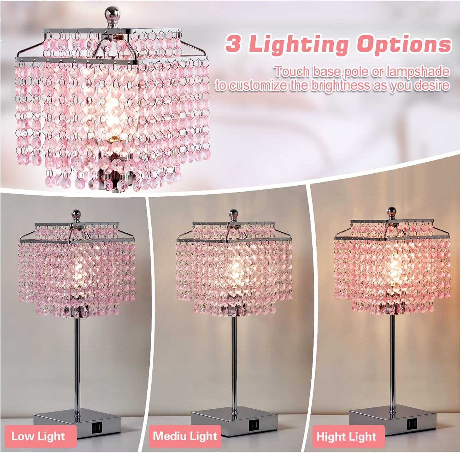Luvkczc Tables Lamp and Floor Lamp Set, Crystal Table Lamp with USB Ports+Crystal Floor Lamps Set of 2, Morden Lamps for Living Room, Bedroom, Office, Pink