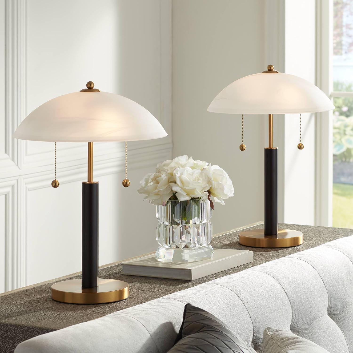 360 Lighting Orbital 19 1/2' High Small Mid Century Modern Accent Table Lamps Set of 2 Gold Wood Metal Glass White Dome Shade Living Room Bedroom Bedside Nightstand House Office Home Reading