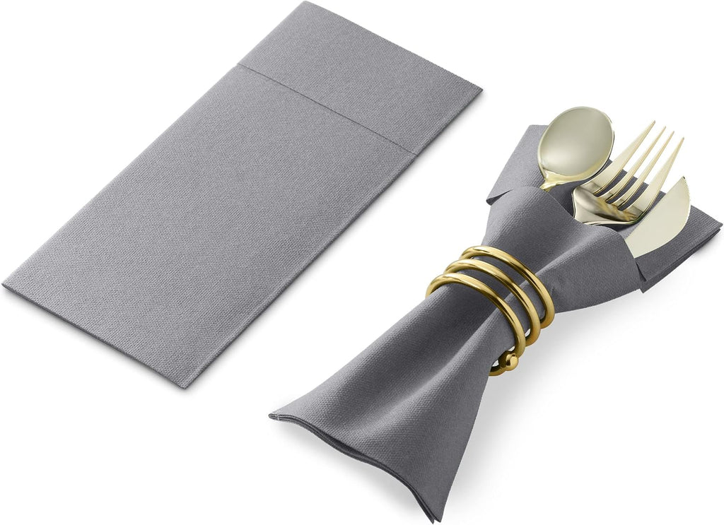 Disposable Linen-Feel Dinner Napkins with Built-in Flatware Pocket, 500-Pack GRAY Prefolded Cloth Like Paper Napkins For Dinner, Wedding Or Party [Silverware NOT Included]