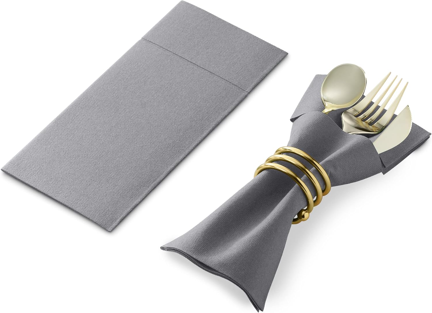 Disposable Linen-Feel Dinner Napkins with Built-in Flatware Pocket, 500-Pack GRAY Prefolded Cloth Like Paper Napkins For Dinner, Wedding Or Party [Silverware NOT Included]