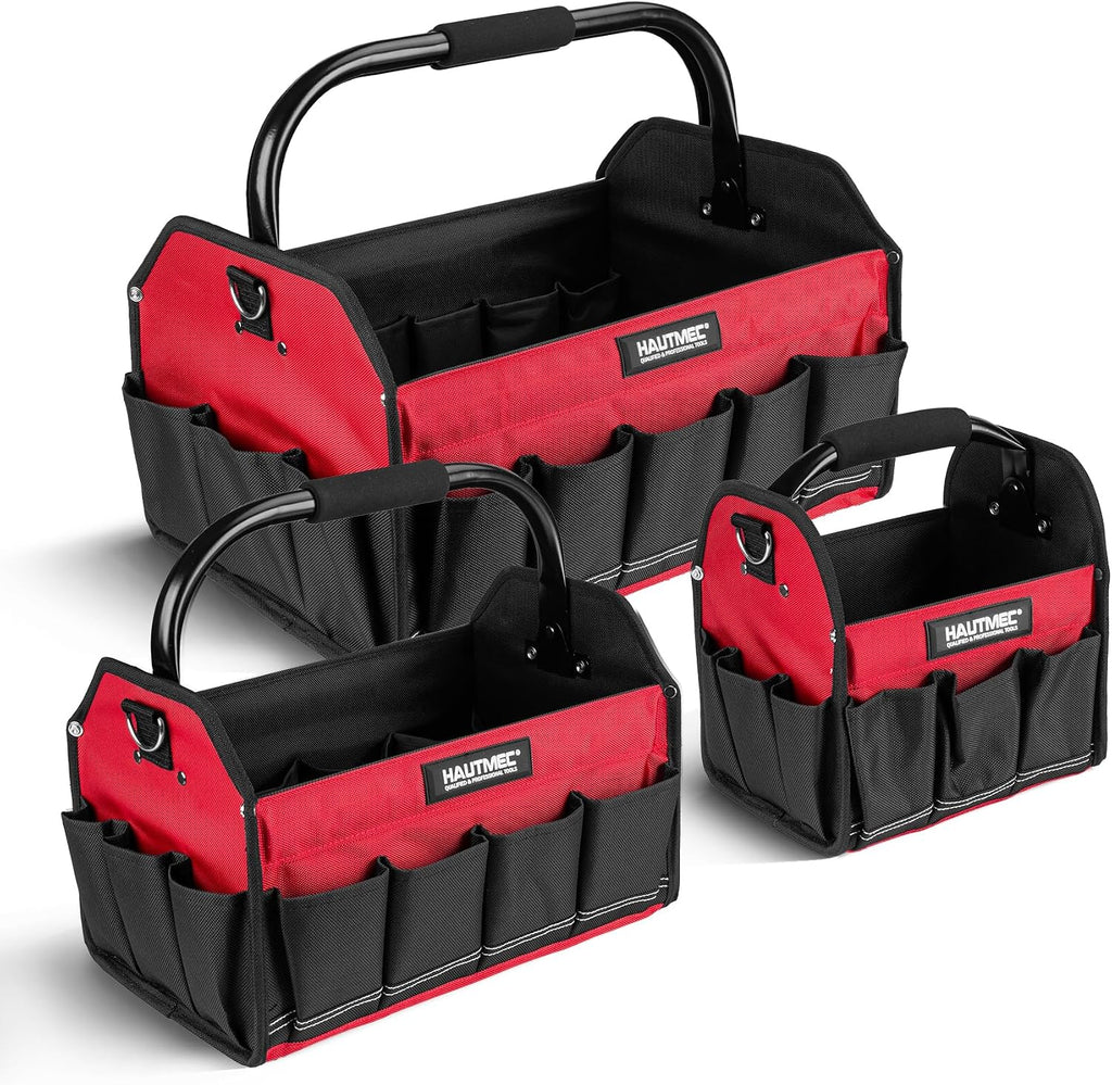 HAUTMEC 3PCS Heavy-Duty Tool Tote Bag Set, 1680D Rigid Frame Tool Bags with Foldable Handle & Padded Shoulder Strap, Water-Resistant Hard Base, Multi-Pocket Tool Box Organizer – HTTBH25052