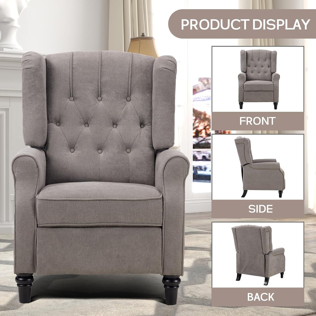 IOMOR Push Back Recliner Chair Fabric Lounge Armchair Pushback Recliner with Rivet Decoration Wingback Single Sofa Chair with Padded Seat for Living Room, Bedroom (1, Grey)