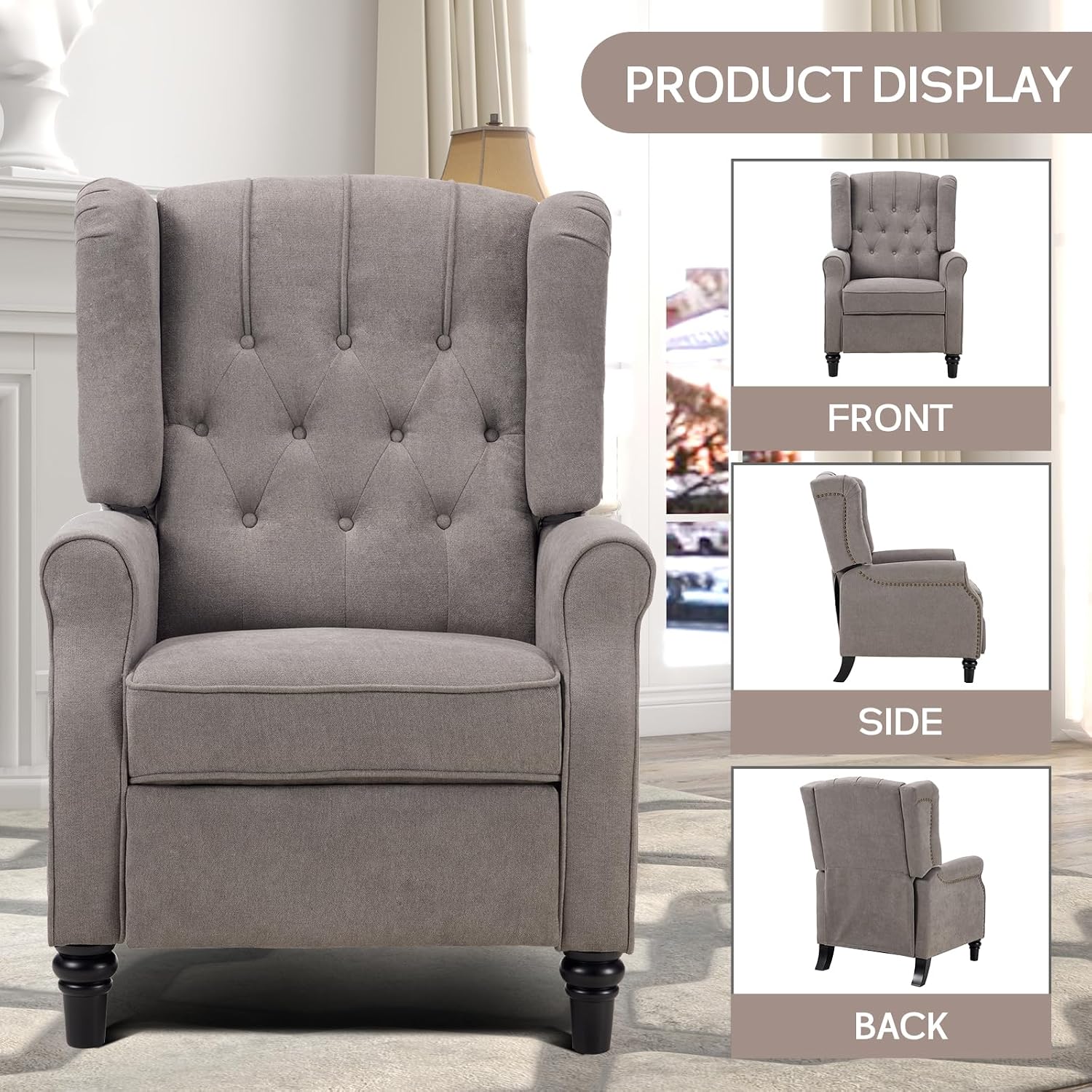 IOMOR Push Back Recliner Chair Fabric Lounge Armchair Pushback Recliner with Rivet Decoration Wingback Single Sofa Chair with Padded Seat for Living Room, Bedroom (1, Grey)