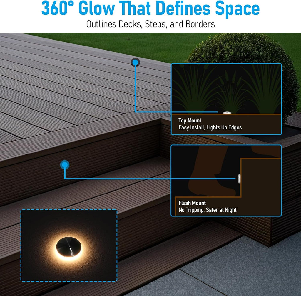 LEONLITE 24-Pack Low Voltage Recessed LED Deck Light, IP67 Waterproof, 12-24V AC/DC, 360° Ring Glow In-Ground Light, 1W 3000K 1.3-Inch Mini Flush Mount, Stainless Steel for Deck Patio Garden Edge