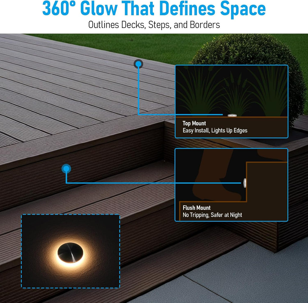 LEONLITE 12-Pack Low Voltage Recessed LED Deck Light, IP67 Waterproof, 12-24V AC/DC, 360° Ring Glow In-Ground Light, 1W 3000K 1.3-Inch Mini Flush Mount, Stainless Steel for Deck Patio Garden Edge