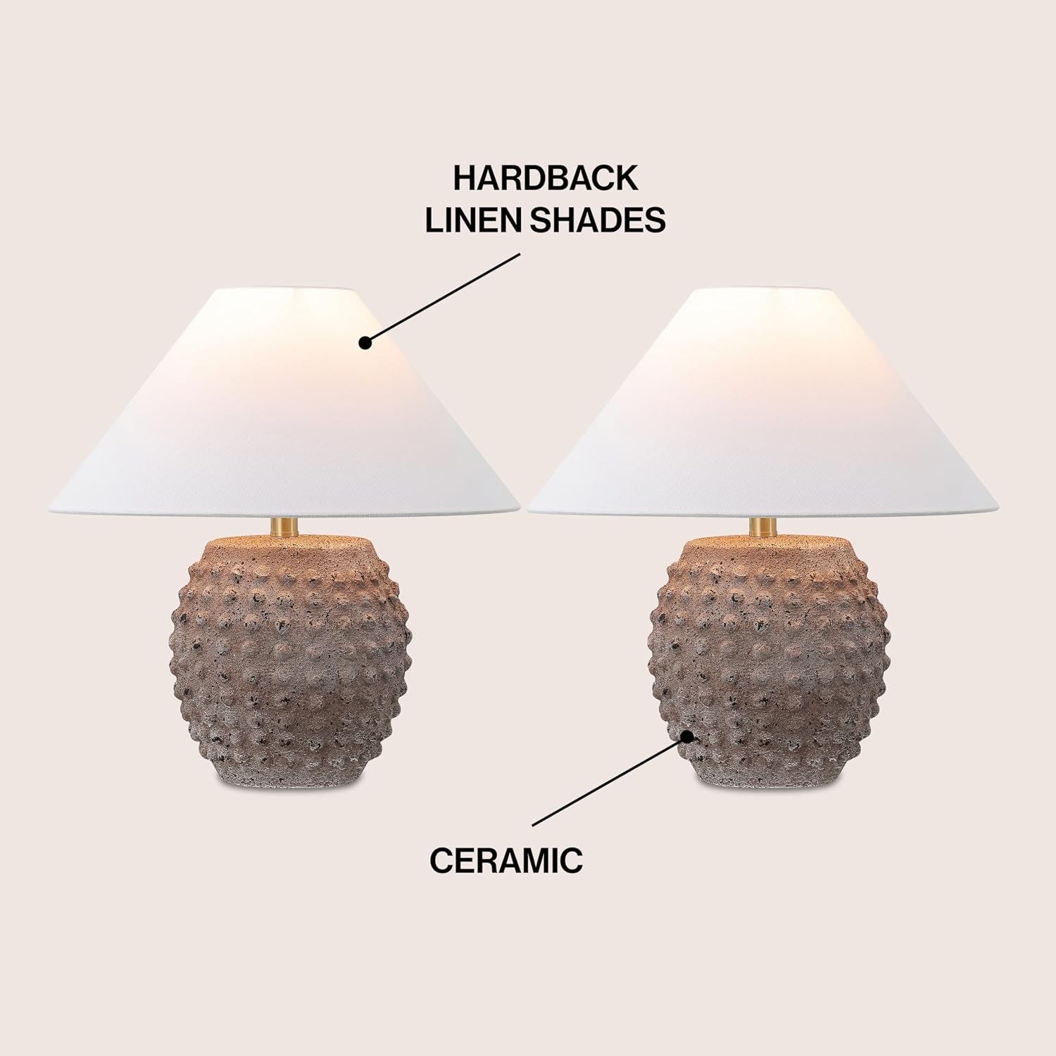 JONATHAN Y 18.25' Matte Taupe Ceramic Hobnail Table Lamp Set of 2 for Bedroom, Modern Minimalist Farmhouse Bedside Nightstand Lamps, White Linen Shade, LED Bulbs Included (JYL5601C-SET2)