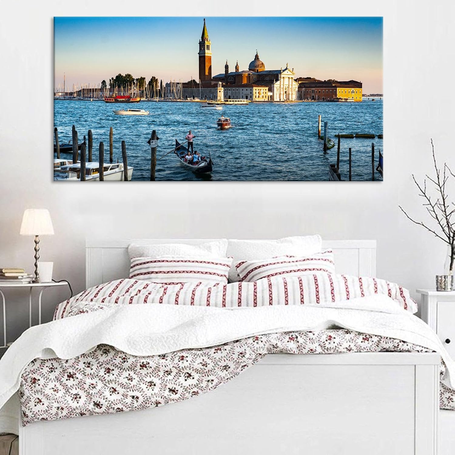 Large Venice Gondola Lagoon Sunset Landscape Wall Art Italian San Giorgio Maggiore Cityscape Canvas Prints Posters European Romantic Travel Relaxing Home Decor Artwork for Bedroom 24x48inch Framed