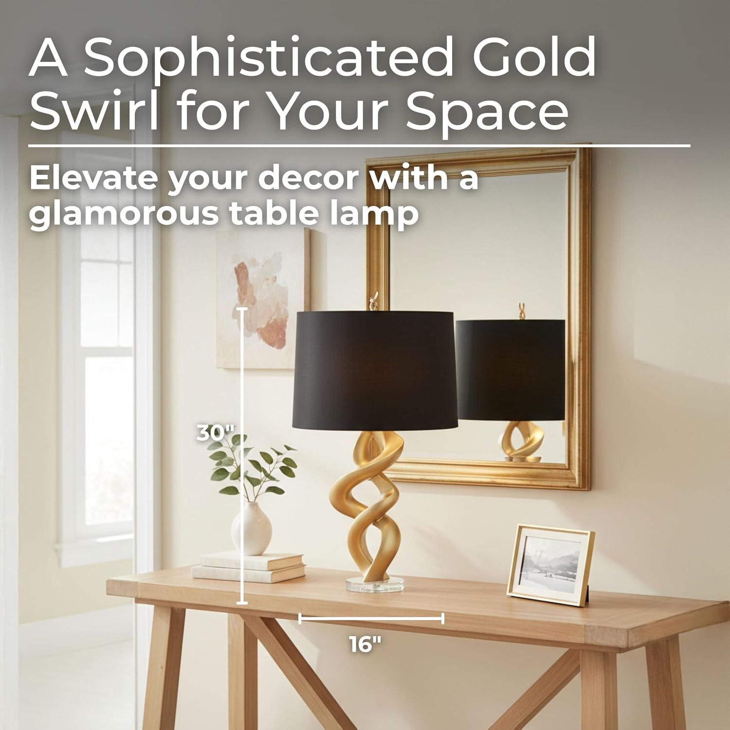 Sagebrook Home Modern Gold Table Lamp – Swirl Design, Black Linen Drum Shade, Resin & Crystal Base – Ideal for Bedroom, Living Room, Office, or Home Decor, 30 Inches